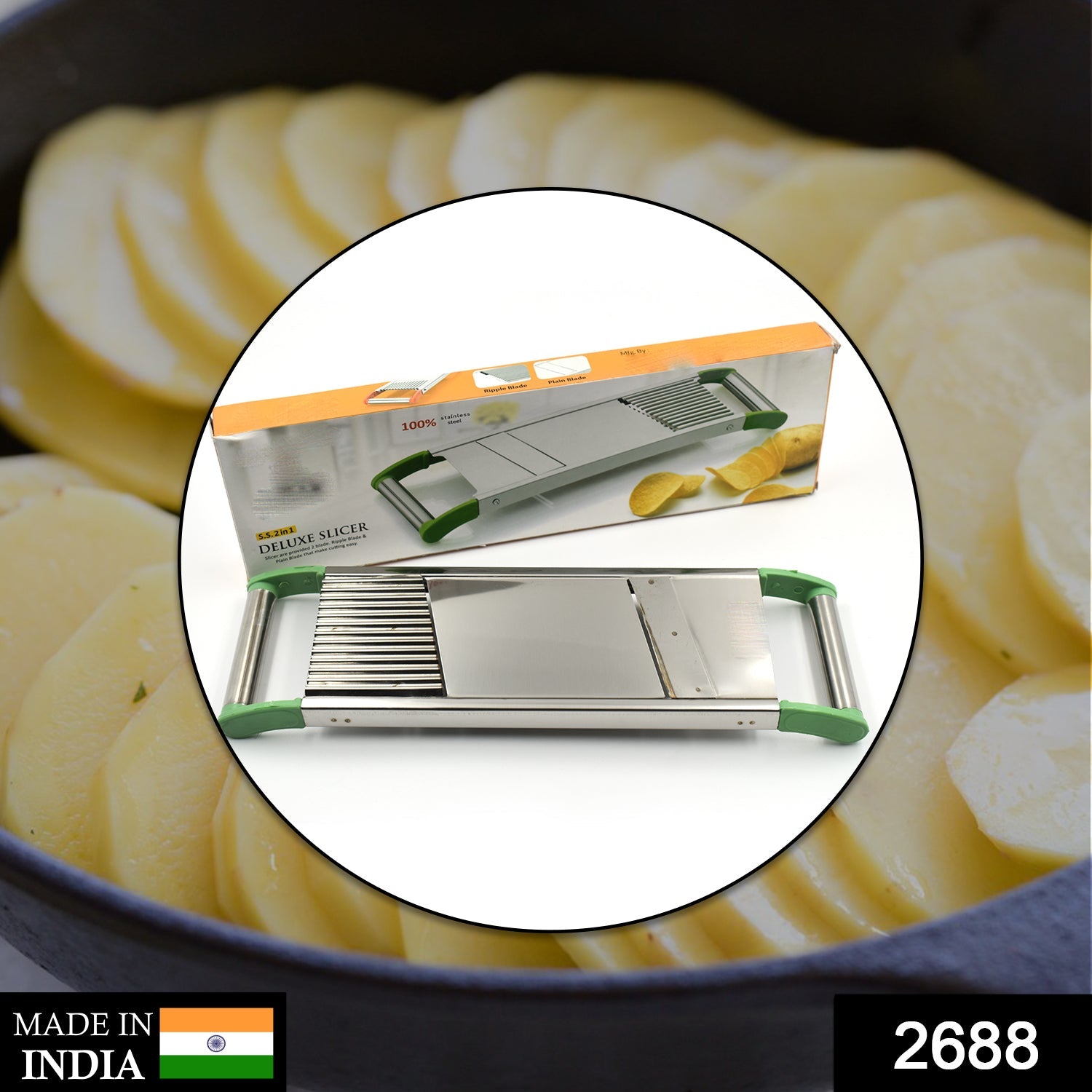 2688 2 in 1 Potato Slicer used in all kinds of household kitchen purposes for cutting and slicing of potatoes. 2688 2 in 1 Potato Slicer used in all kinds of household kitchen purposes for cutting and slicing of potatoes.